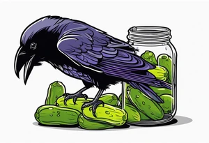 Raven perched on a spilled pickle jar pecking at the pickles tattoo idea