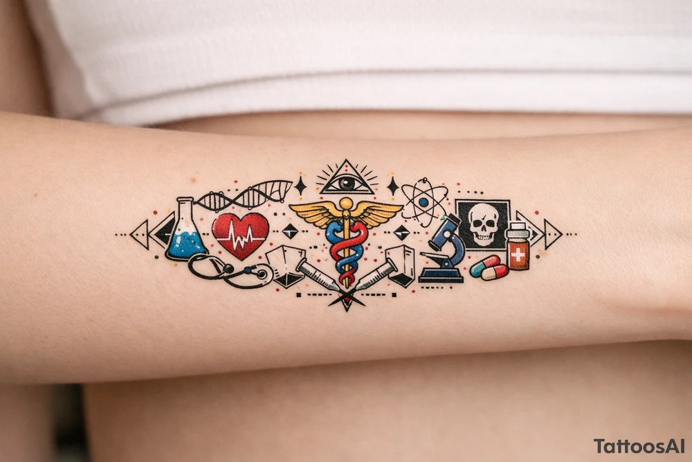 Now, based on the picture I've liked, make it 3 times wider, and add medical theme, and keep the original band and color theme. tattoo idea