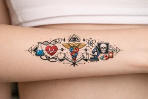 Now, based on the picture I've liked, make it 3 times wider, and add medical theme, and keep the original band and color theme. tattoo idea