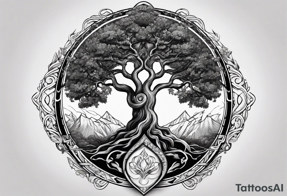 Yggdrasil with 9 realm illustrated tattoo idea