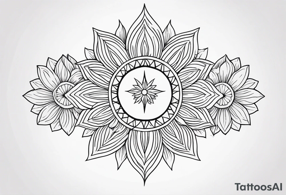 Sun and moon spiritual tattoo for an arm sleeve with a mandala and flowers tattoo idea