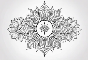 Sun and moon spiritual tattoo for an arm sleeve with a mandala and flowers tattoo idea
