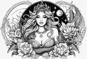 Lower leg tattoo. Mermaid with trident and crown, sea turtle, compass, shells, flowers, cresent moon tattoo idea