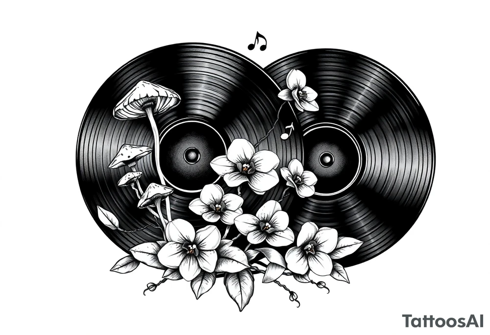 two vinyl records with mushrooms, orchids, and music notes around them tattoo idea