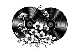 two vinyl records with mushrooms, orchids, and music notes around them tattoo idea