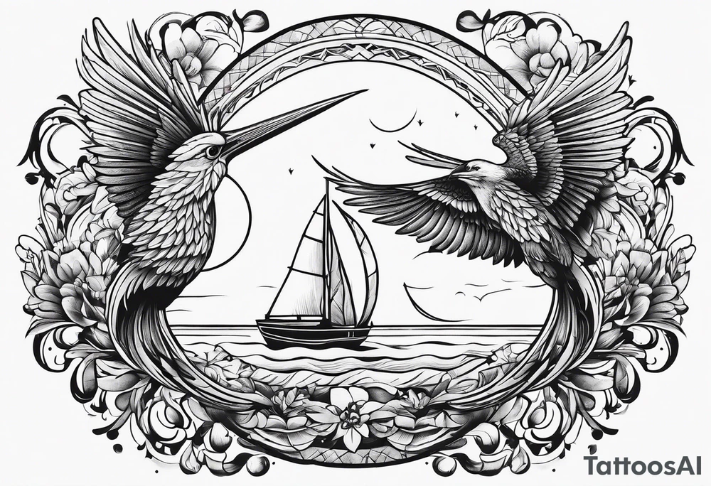 petit voilier et phoenix  minimaliste. trait de crayon. tattoo idea
