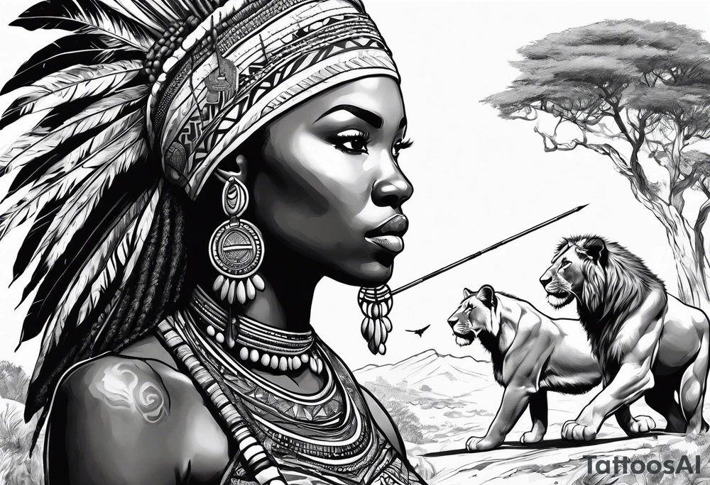 African woman warrior holding spear with earrings. Tribe marks on her face and trees,brids and lion in the background tattoo idea