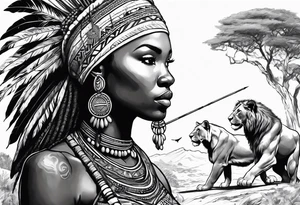 African woman warrior holding spear with earrings. Tribe marks on her face and trees,brids and lion in the background tattoo idea