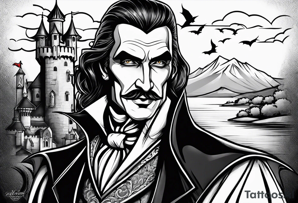 DRACULA FROM THE MOVIE  WITH CASTLE IN THE BACKGROUND tattoo idea