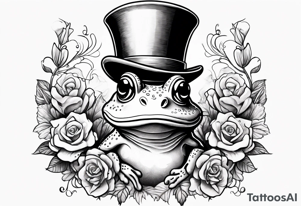 Frog in a top hat holding flowers to go on a date tattoo idea