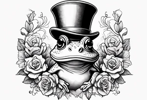 Frog in a top hat holding flowers to go on a date tattoo idea
