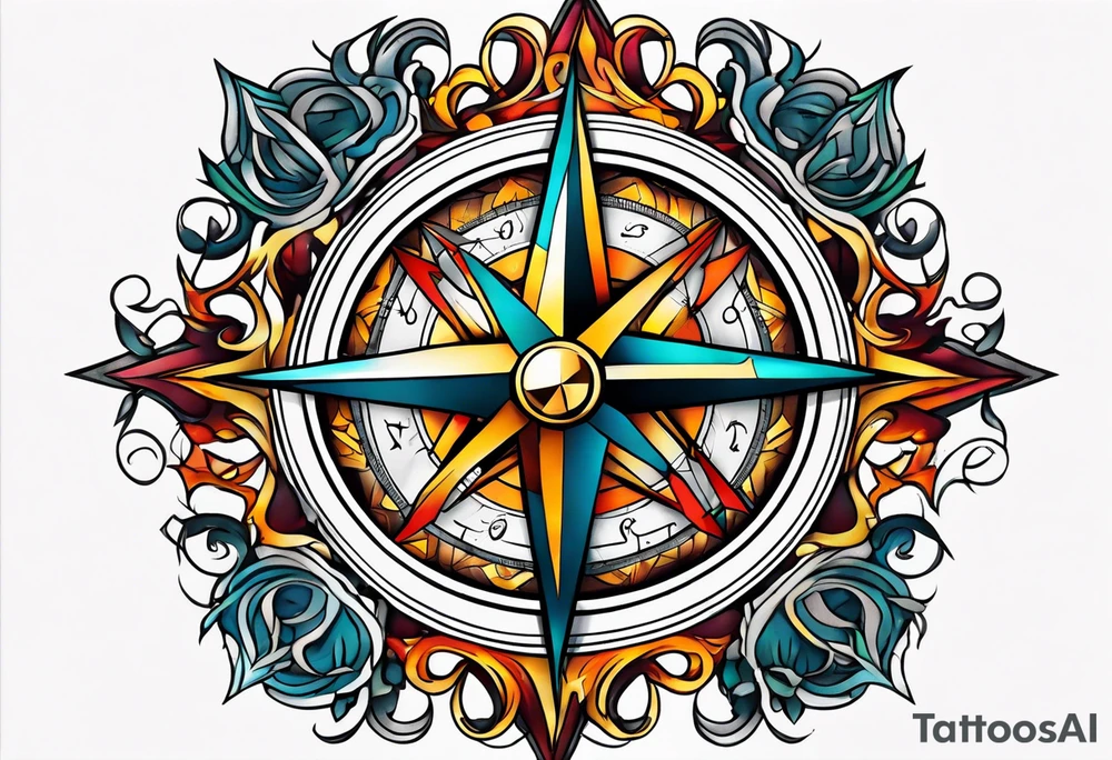 North compass and flames tattoo idea