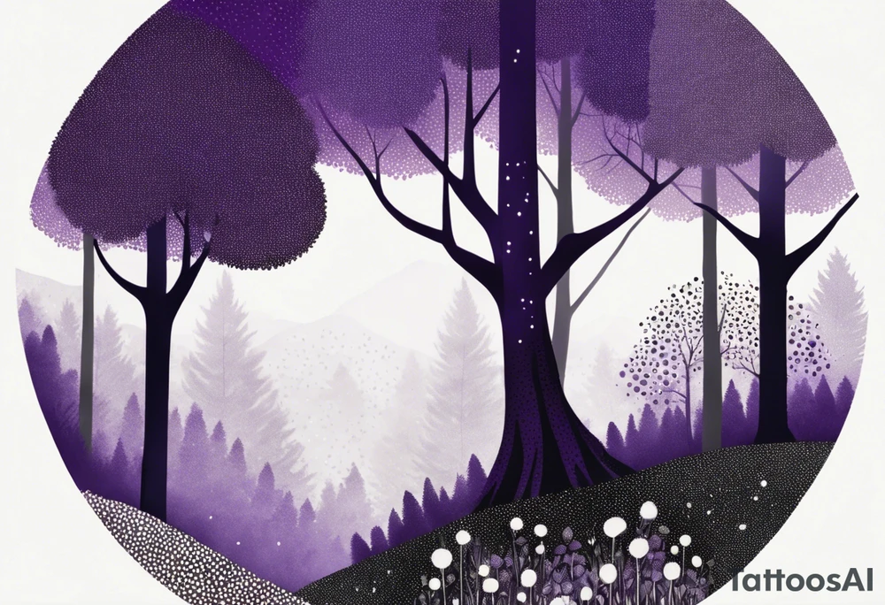 forest, lineswork, purple and black tattoo idea