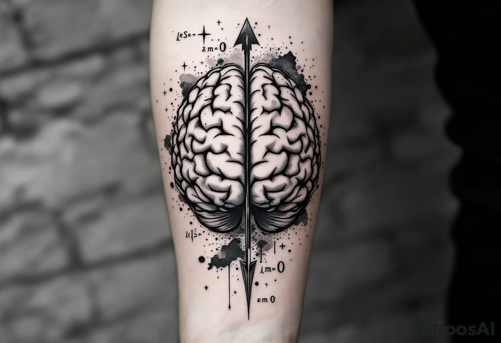A vertical front-seen brain in geometric and straight lines, math symbols arround. A detailed arrow crosses from below and exit from the top, with its tip desintegrating to represent entropy and watercolor stains spilled from the arrow. Around of the main tattoo, math and physics formulas, including the formulas "ΔS ≥ 0" and "(iδ + m) Φ = 0" tattoo idea