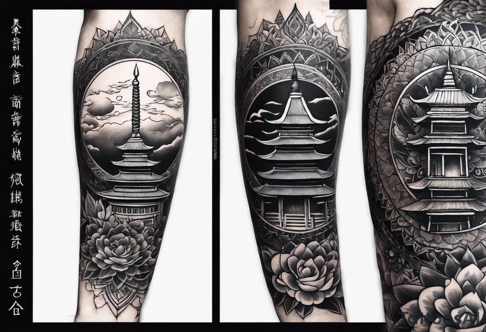 The back of a forearm including a world map, a Buddhist temple and a mandala tattoo idea