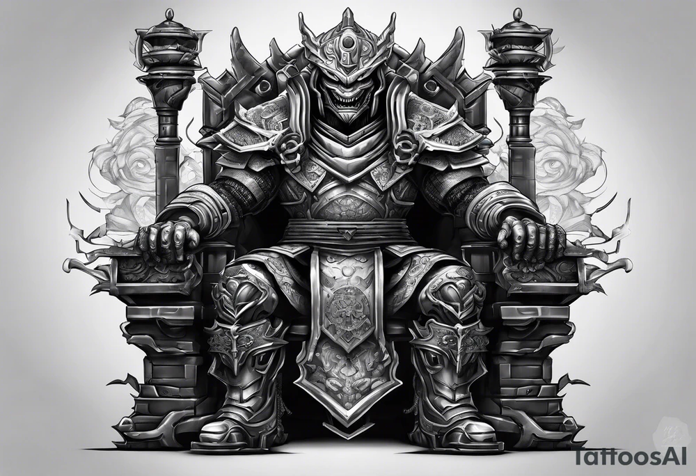 Angry robot demon ninja sitting on his throne tattoo idea