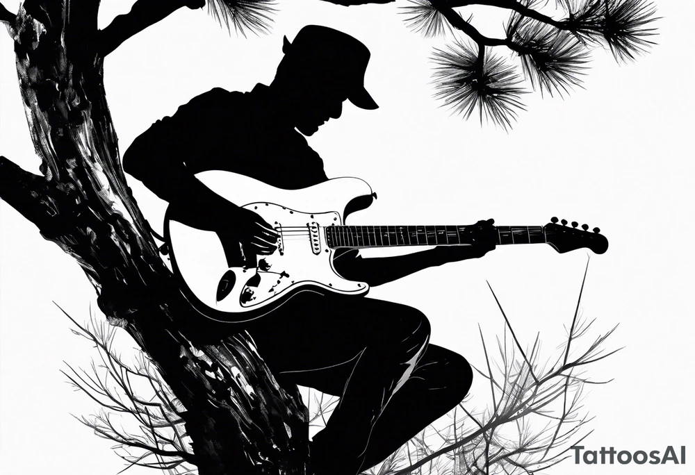 silhouette of a man playing electric guitar while sitting in a pine tree. tattoo idea