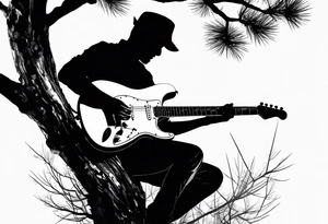 silhouette of a man playing electric guitar while sitting in a pine tree. tattoo idea
