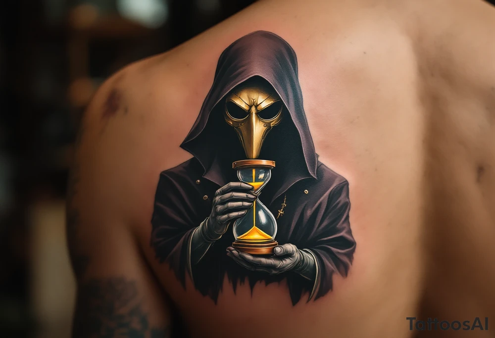 Plague Doctor with Hourglass – A mysterious plague doctor with tipical mask holding an old wooden hourglass with golden sand flowing inside. The mask is deep brown with brass accents, and the robe is black with silver lining. tattoo idea