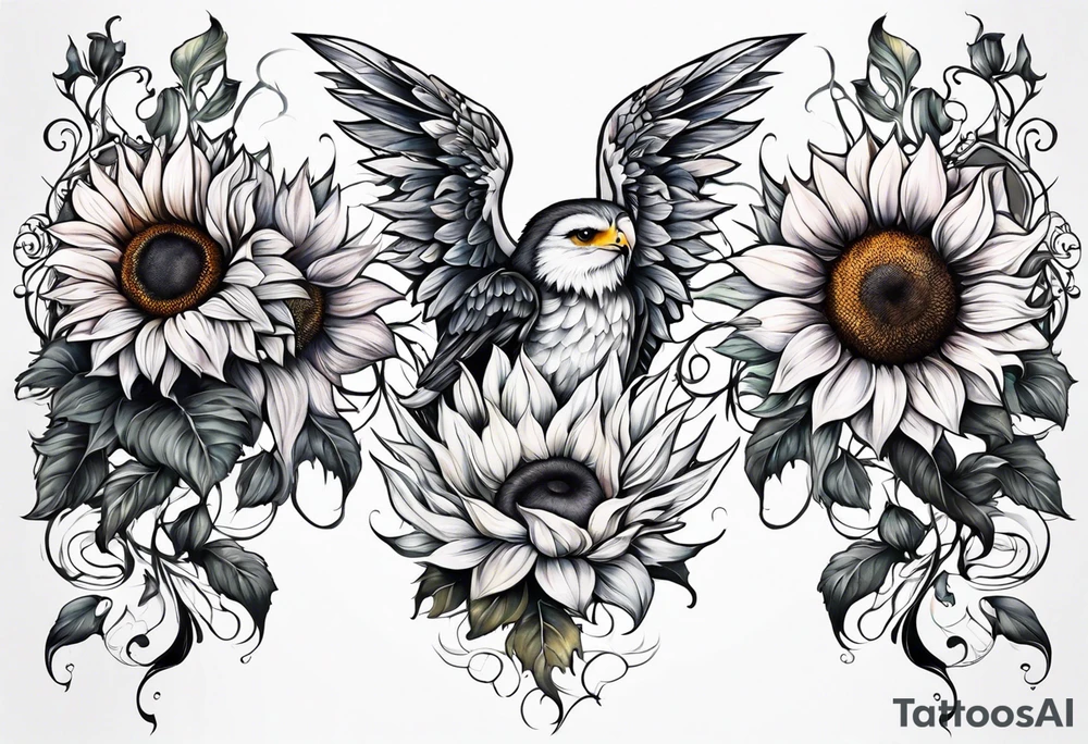 Sunflowers and angel wings leg sleeve tattoo idea
