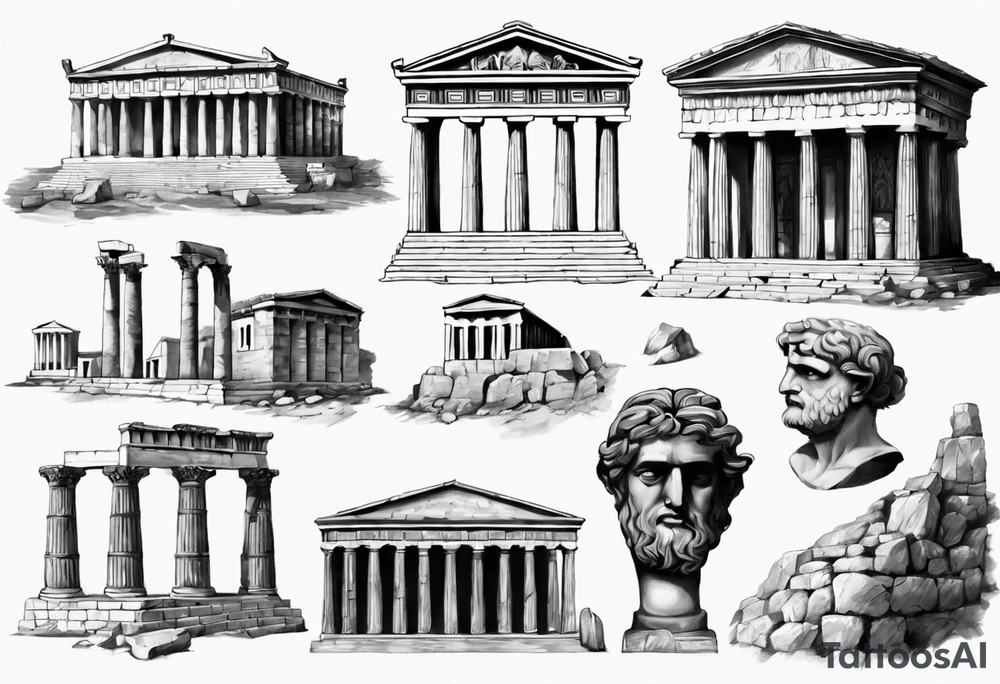 greek ancient buildings realism tattoo idea