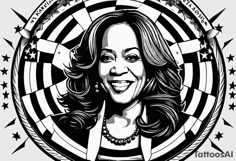 Kamala Harris as a talking jackass, United States flag, circular motif tattoo idea