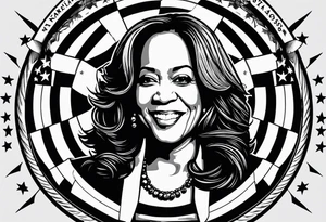 Kamala Harris as a talking jackass, United States flag, circular motif tattoo idea