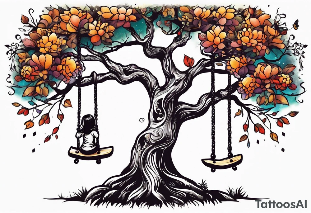little girl swinging under a tree of life tattoo idea