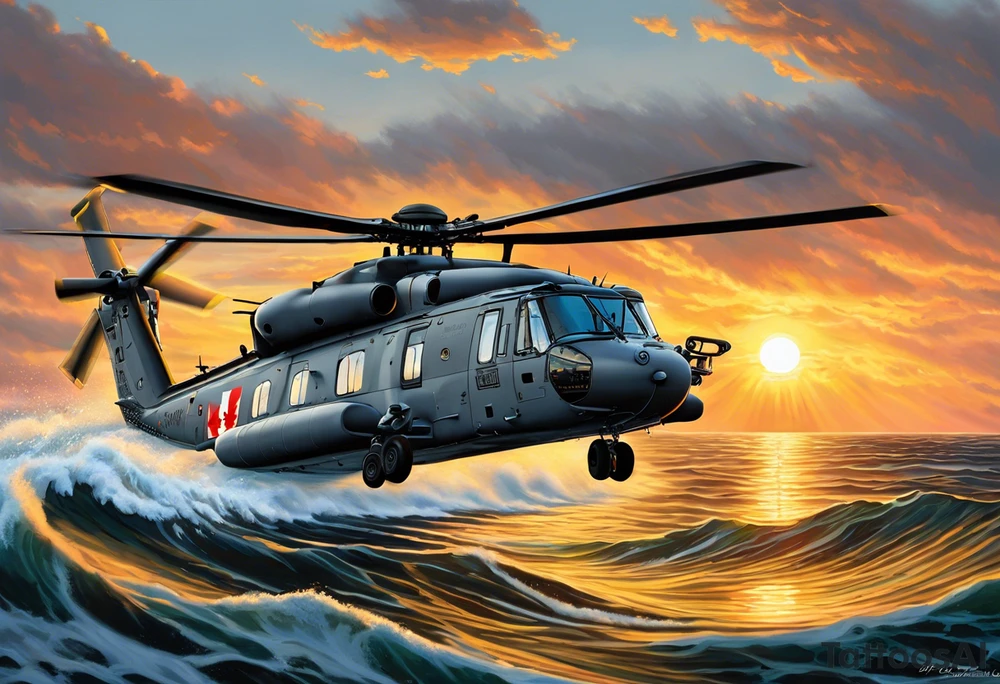 Canadian military grey CH-148 Cyclone helicopter soaring low over rough, ocean waves. The sun is setting, casting a dramatic glow on the scene with realistic clouds and a specular reflection of the helicopter on the water. The helicopter should be the main focus, with intricate details and a sense of motion. In the background, a poppy be prominently displayed tattoo idea