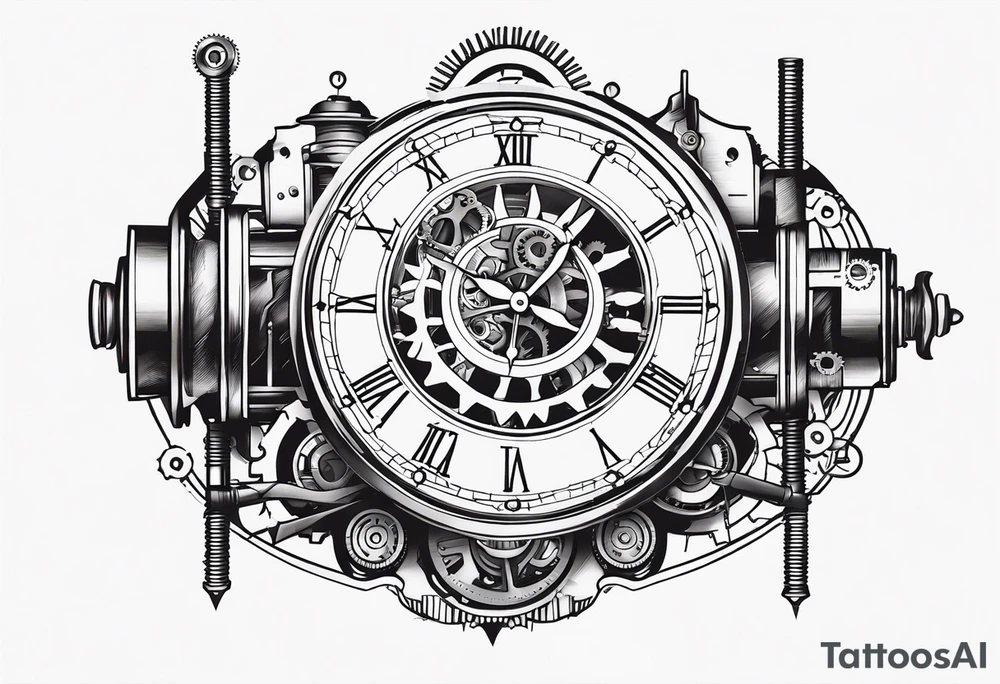 steampunk clock and machine parts tattoo idea