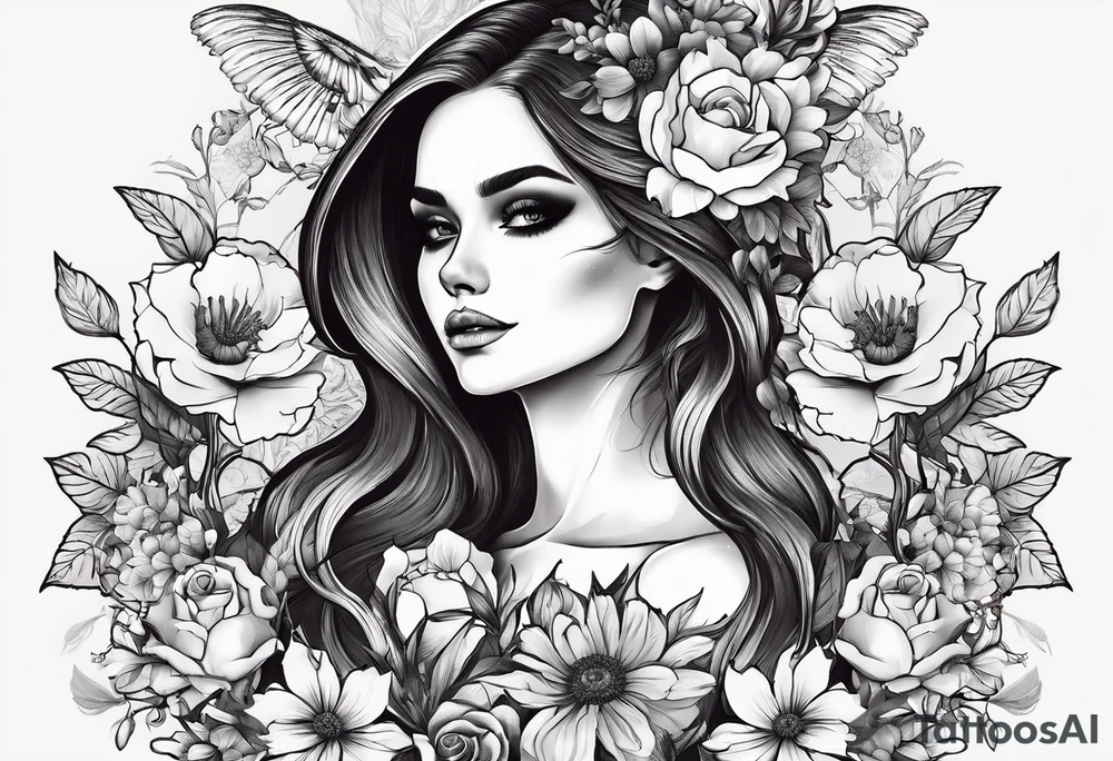 a female skeleton include head torso and legs surounded by hiubiscus flowers tattoo idea