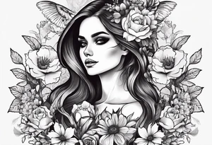 a female skeleton include head torso and legs surounded by hiubiscus flowers tattoo idea