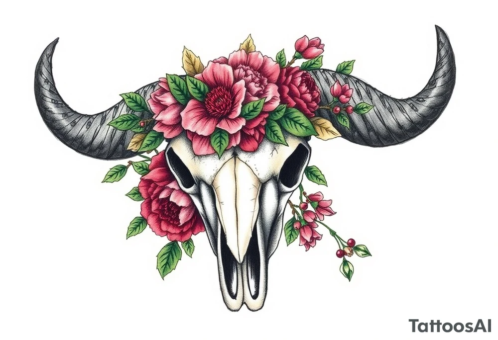 Buffalo skull with flowers. Peony, snowdrop, holly with berries, larkspur, peony. Colour. For upper arm or shoulder. Masculin. tattoo idea