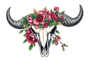 Buffalo skull with flowers. Peony, snowdrop, holly with berries, larkspur, peony. Colour. For upper arm or shoulder. Masculin. tattoo idea