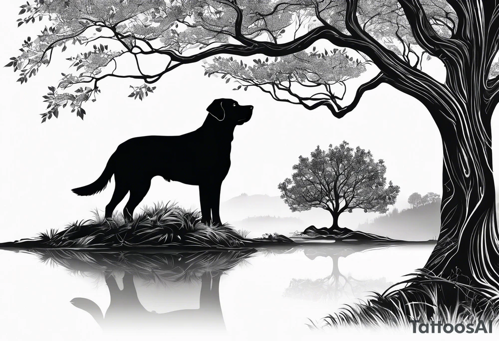 Silouette of a black lab under a tree curved to right. No detail on lab. Lab drawn to scale. tattoo idea