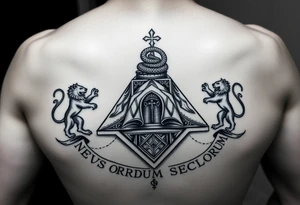 Pyramid from dollar, diamond with snake on the top,lions on corners,surrounded by words - novus ordum seclorum tattoo idea