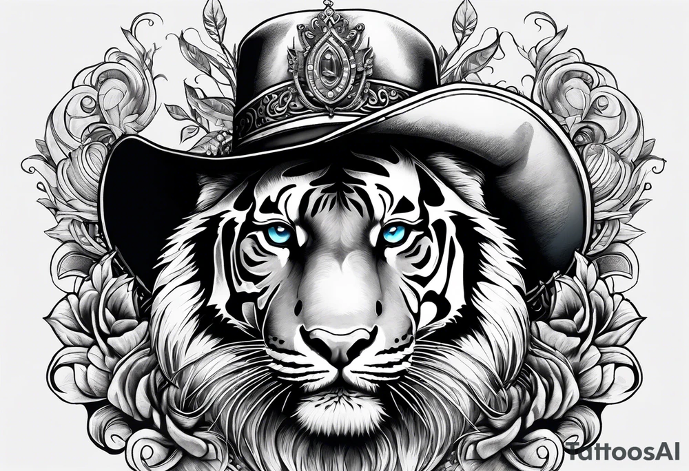 Tiger wearing a crown, blue eyes, cowboy boots with cowboy hat, dolphin and music notes sleeve tattoo idea
