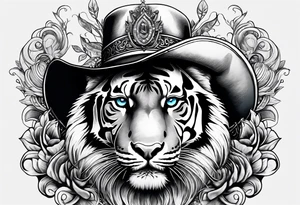 Tiger wearing a crown, blue eyes, cowboy boots with cowboy hat, dolphin and music notes sleeve tattoo idea
