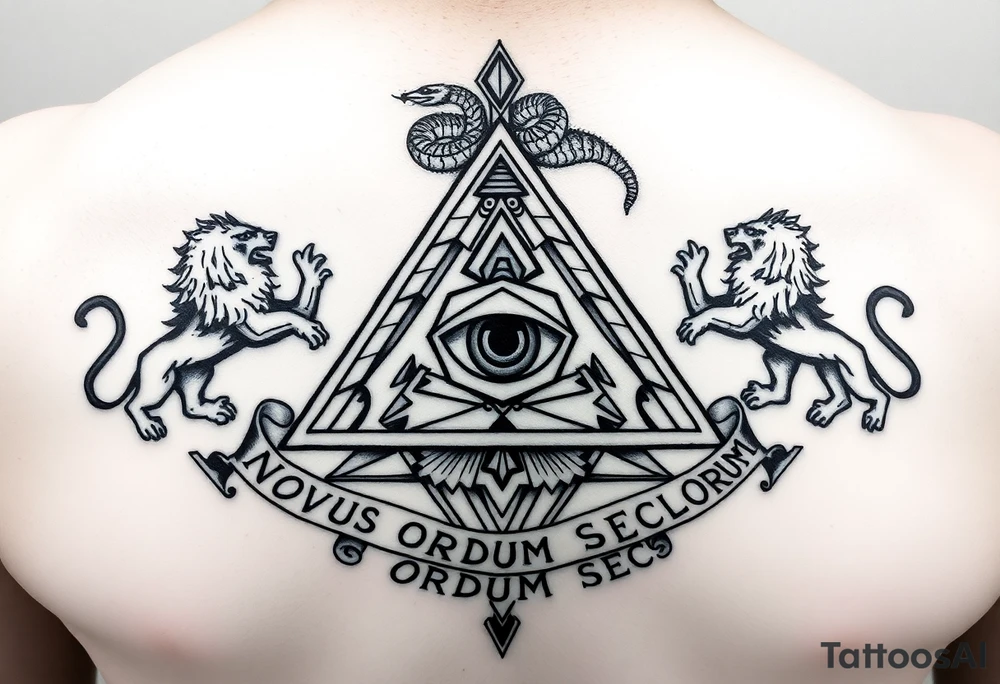 Pyramid with eye in the center, diamond with snake on the top,lions on corners,surrounded by words - novus ordum seclorum tattoo idea