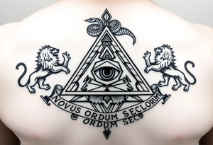 Pyramid with eye in the center, diamond with snake on the top,lions on corners,surrounded by words - novus ordum seclorum tattoo idea