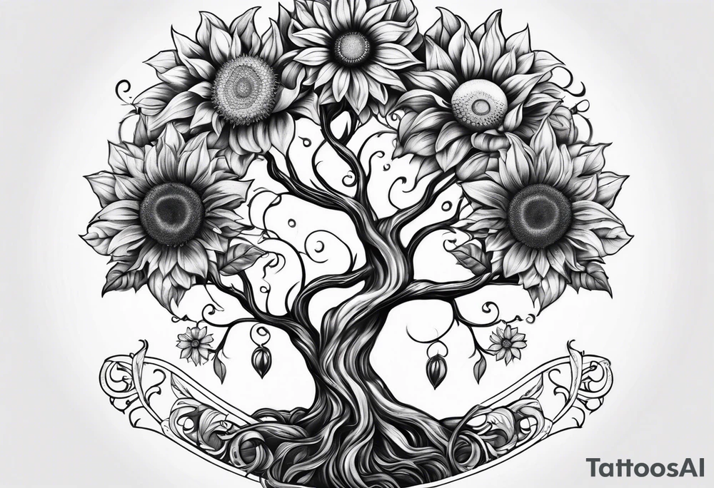 Feminine Yggdrasil tree with 2 sunflowers tattoo idea