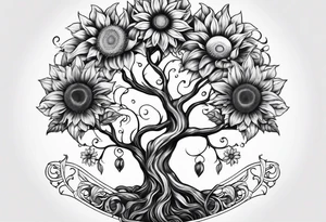 Feminine Yggdrasil tree with 2 sunflowers tattoo idea
