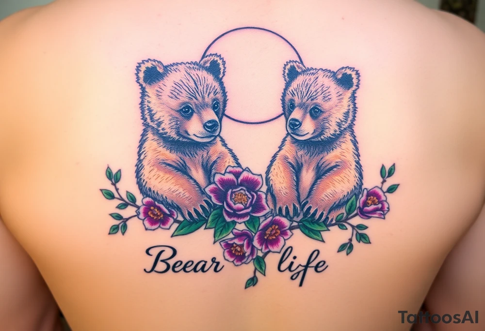 Tattoo, two realsistic baby brown bears, moon, colored carnations and vines, 9-28-14, "Bear is life", purple and green tattoo idea