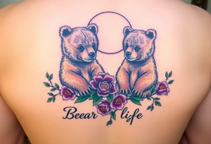 Tattoo, two realsistic baby brown bears, moon, colored carnations and vines, 9-28-14, "Bear is life", purple and green tattoo idea