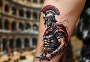 gladiator roman soldier provocator standing colosseum interior combat sword helmet cape sand wind legion trace tattoo idea