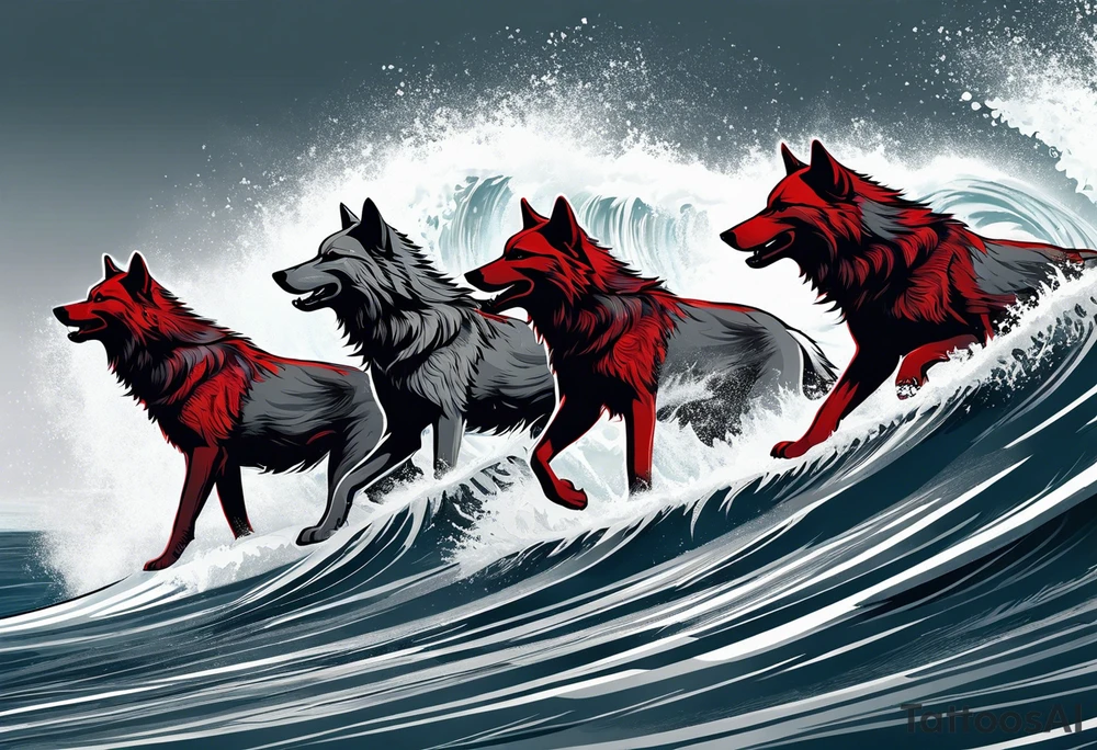 a pack of 3 howling muscular  gray wolves surfing waves with a linear background with red, white and black and gray including the word Howler in an aggressive script font tattoo idea