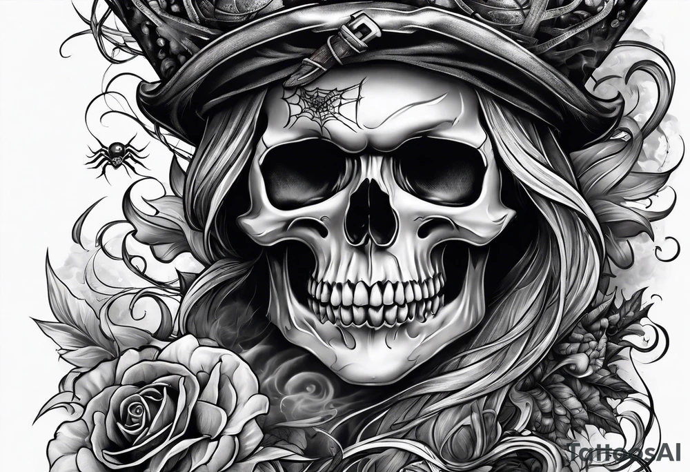 arm full sleeve skulls smokes and spiders tattoo idea