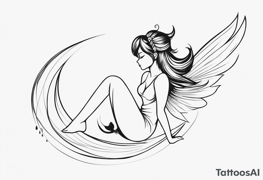 Minimalistic, monochromatic fairy with a tail flying to the left in a fetal position, leaning and looking in the same direction, with visible hands, embodying the 'Fairy Tail' logo aesthetic. tattoo idea