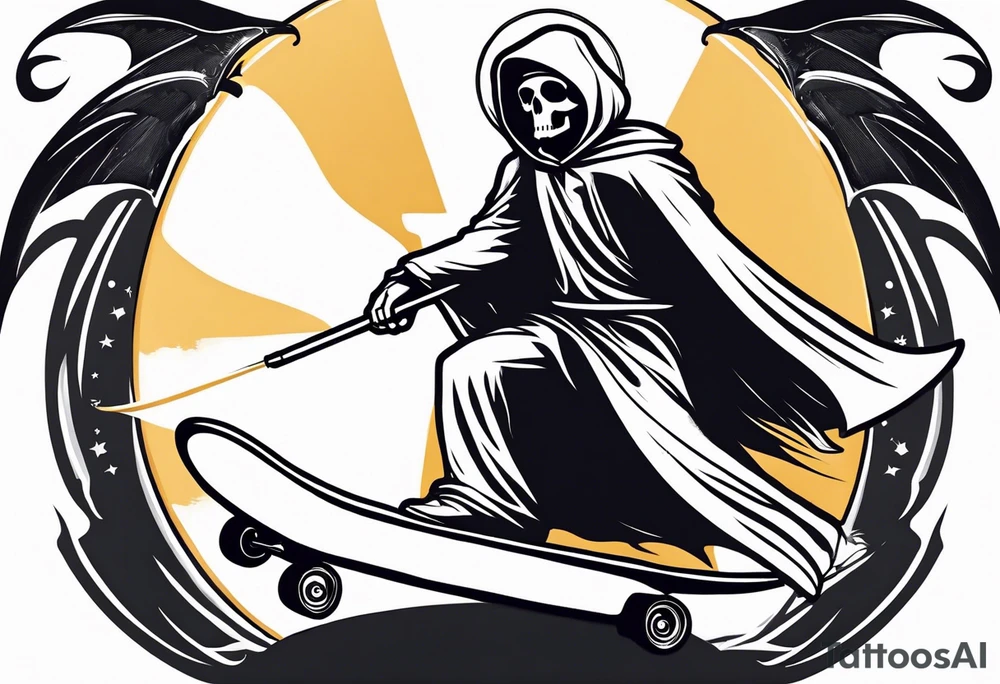 the grim reaper riding a skateboard with an angel halo above his head tattoo idea
