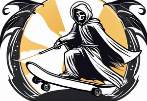 the grim reaper riding a skateboard with an angel halo above his head tattoo idea